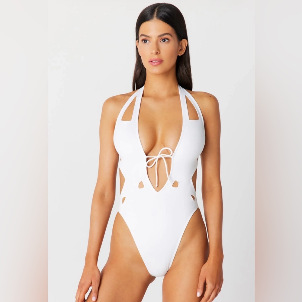 GIGI C Charlie Plunging White One Piece Scuba Swim Suit Laser Cut Outs sz M NWT
